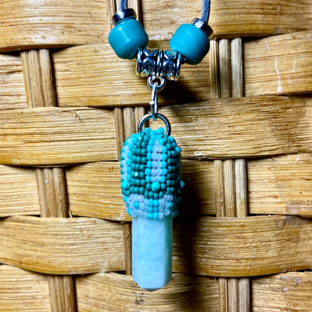 Hand Beaded Amazonite Gemstone Point Pendant Necklace with Turquoise